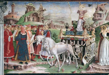 Le Triomphe de Minerve : mars, de la salle des Mois, détail du char et du groupe de savants, vers 1467-70